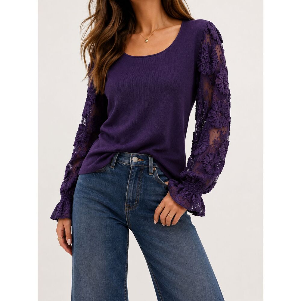 Cato Purple Floral Lace Sleeve Sweater XL Romantic Goth Whimsigoth Bell Sleeve